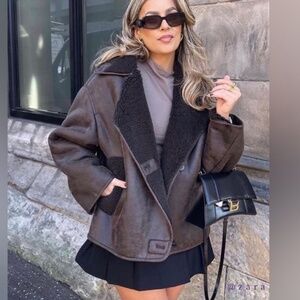 ZARA Double Faced Brown Faux Leather and Shearling Jacket | Size XS
